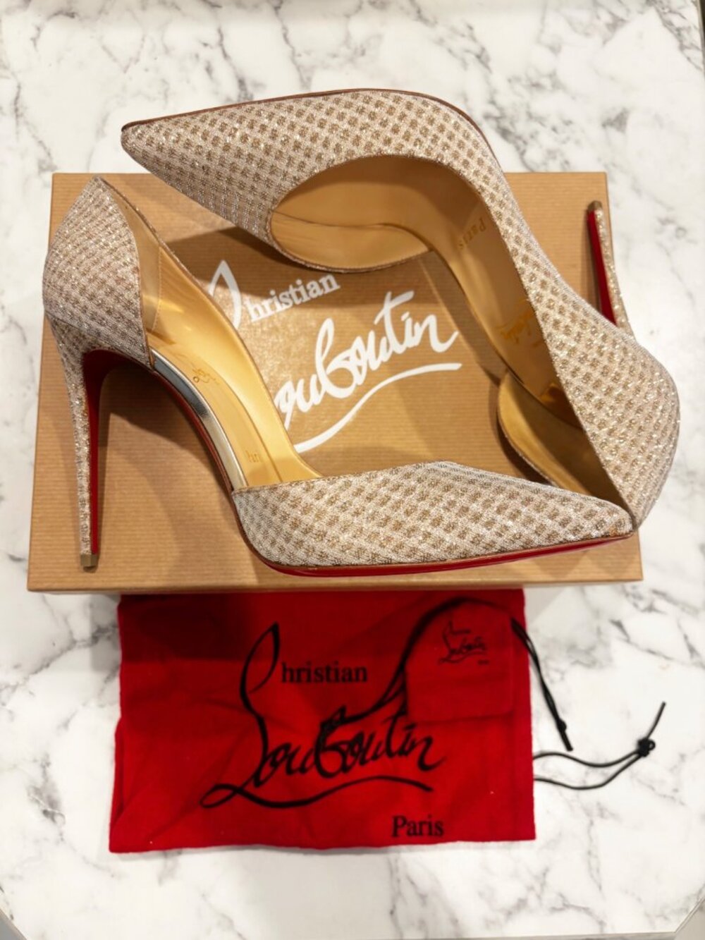 Christian Louboutin Iriza Quadro Lurex Pumps Gold Metallic Size 41